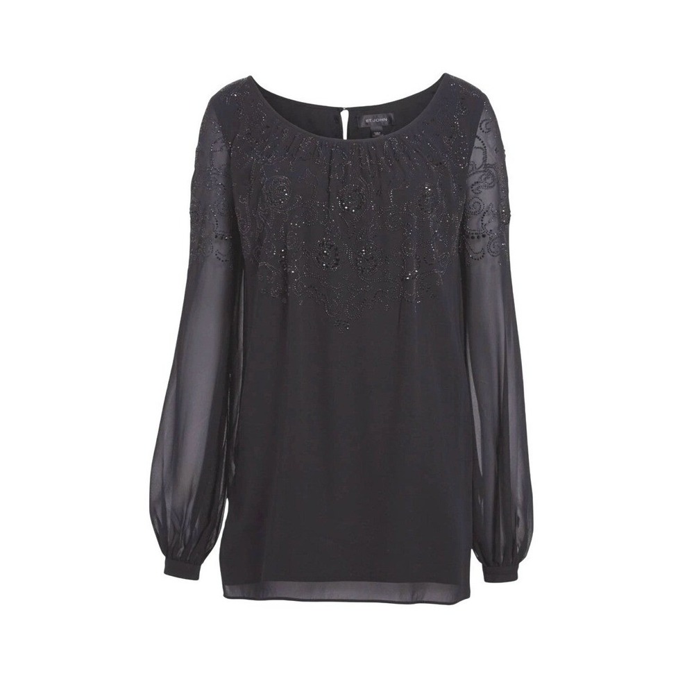 St. John Collection Black 100% Silk‎ Beaded Chiffon Blouse Sheer Scoop Neck Sz 2